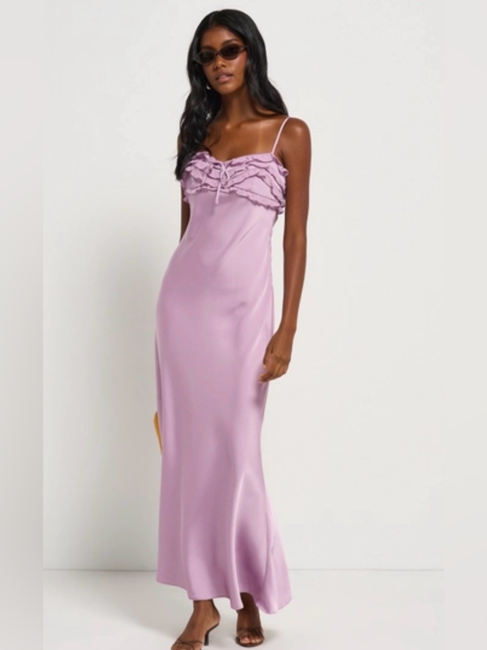 ASTR The Label Lavender Satin Ruffle Bust Maxi Slip Dress Large NWOT